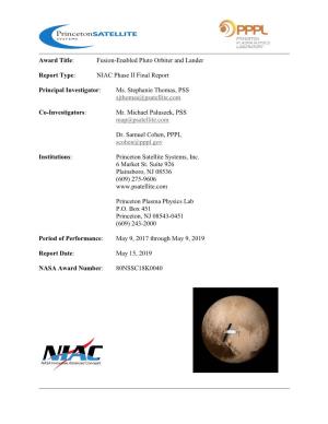 Fusion-Enabled Pluto Orbiter and Lander Report Type: NIAC Phase II