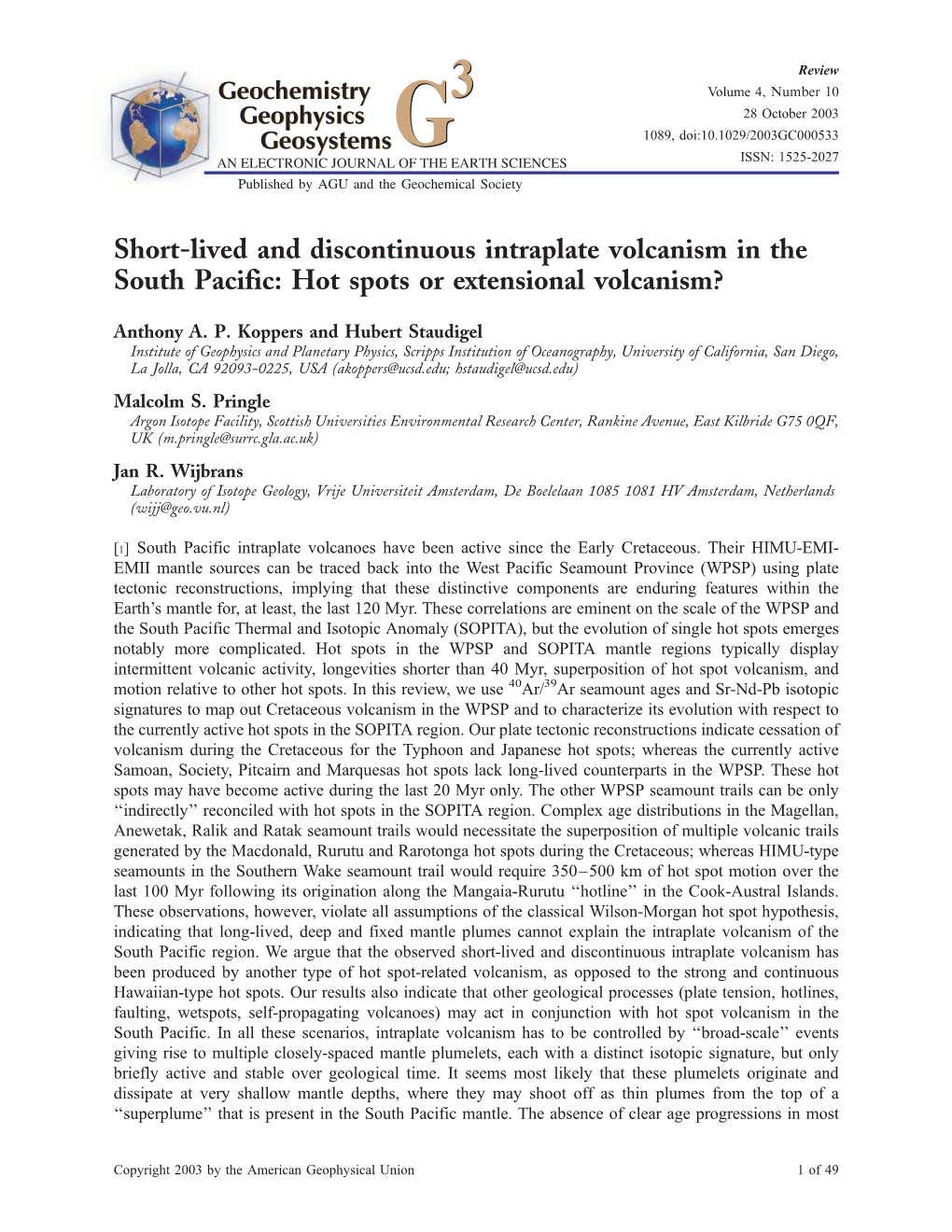 Short-Lived and Discontinuous Intraplate Volcanism in the South Pacific: Hot Spots Or Extensional Volcanism?