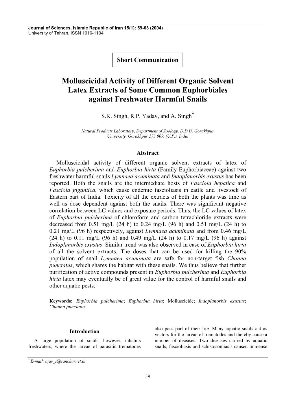 Molluscicidal Activity of Different Organic Solvent Latex Extracts of Some Common Euphorbiales Against Freshwater Harmful Snails