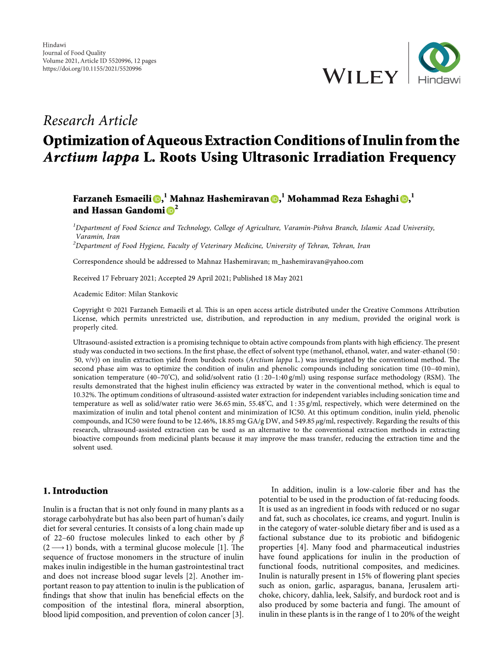 Optimization of Aqueous Extraction Conditions of Inulin from the Arctium Lappa L