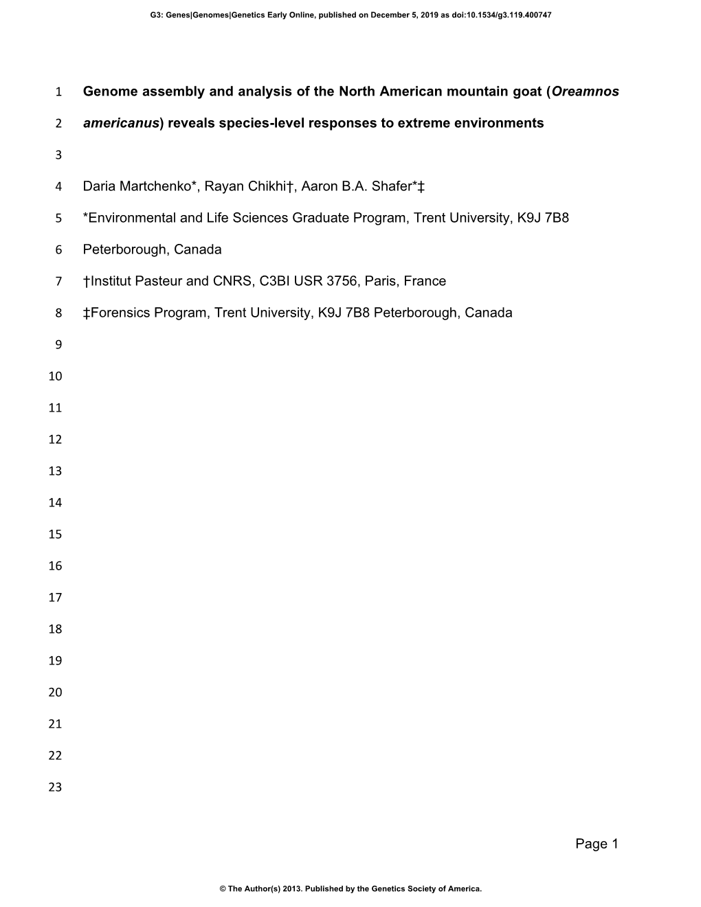 Genome Assembly and Analysis of the North American Mountain Goat (Oreamnos