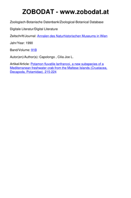 Potamon Fluviatile Lanfrancoi, a New Subspecies of a Mediterranean Freshwater Crab from the Maltese Islands (Crustacea, Decapoda, Potamidae)