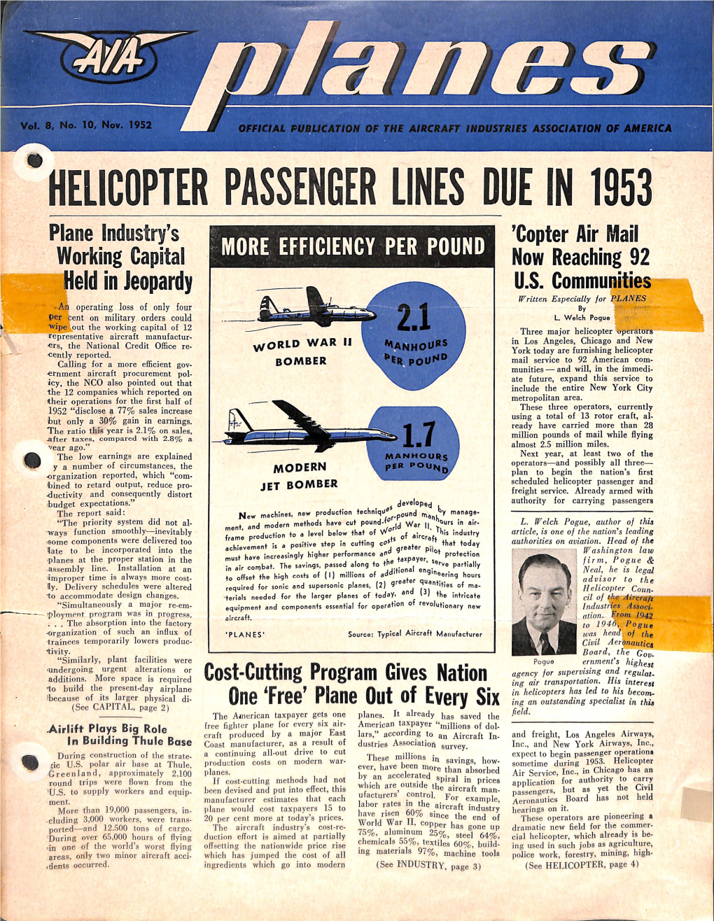 HELICOPTER PASSENGER LINES DUE in 1953 Plane Industry's 'Copter Air Mail Working Capital : MORE EFFICIENCY PER POUND Now Reaching 92 ~-·Held in Jeopardy U.S