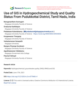 Use of GIS in Hydrogeochemical Study and Quality Status from Pudukkottai District, Tamil Nadu, India