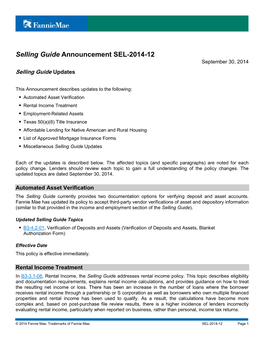 Selling Guide Announcement SEL-2014-12 September 30, 2014 Selling Guide Updates