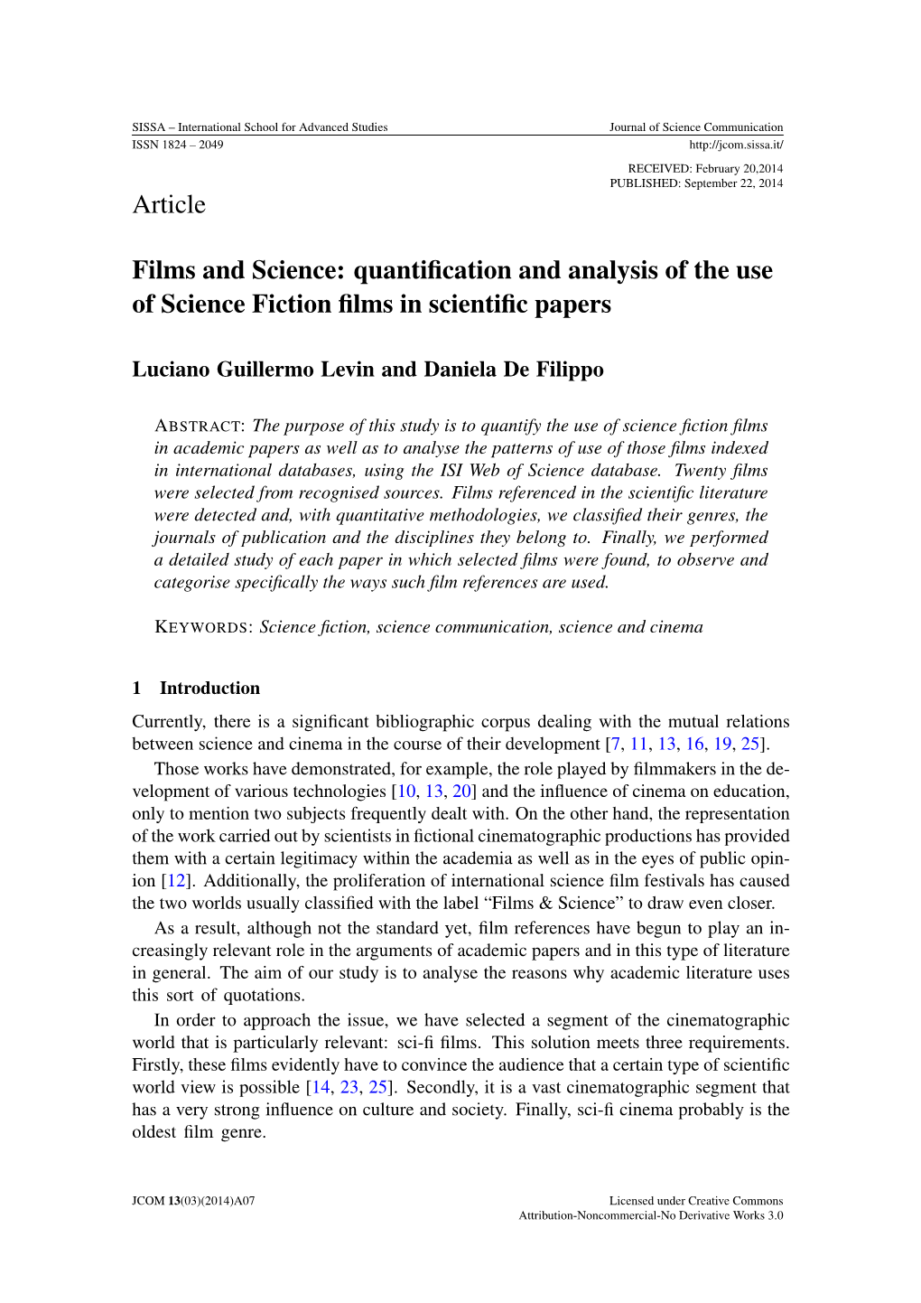 Quantification and Analysis of the Use of Science Fiction Films in Scientific