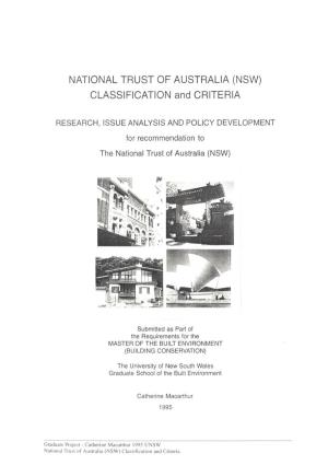 NATIONAL TRUST of AUSTRALIA (NSW) CLASSIFICATION and CRITERIA