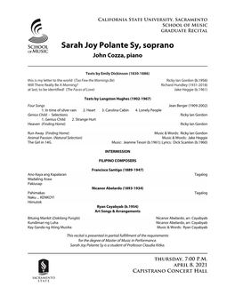 Sarah Joy Polante Sy, Soprano John Cozza, Piano