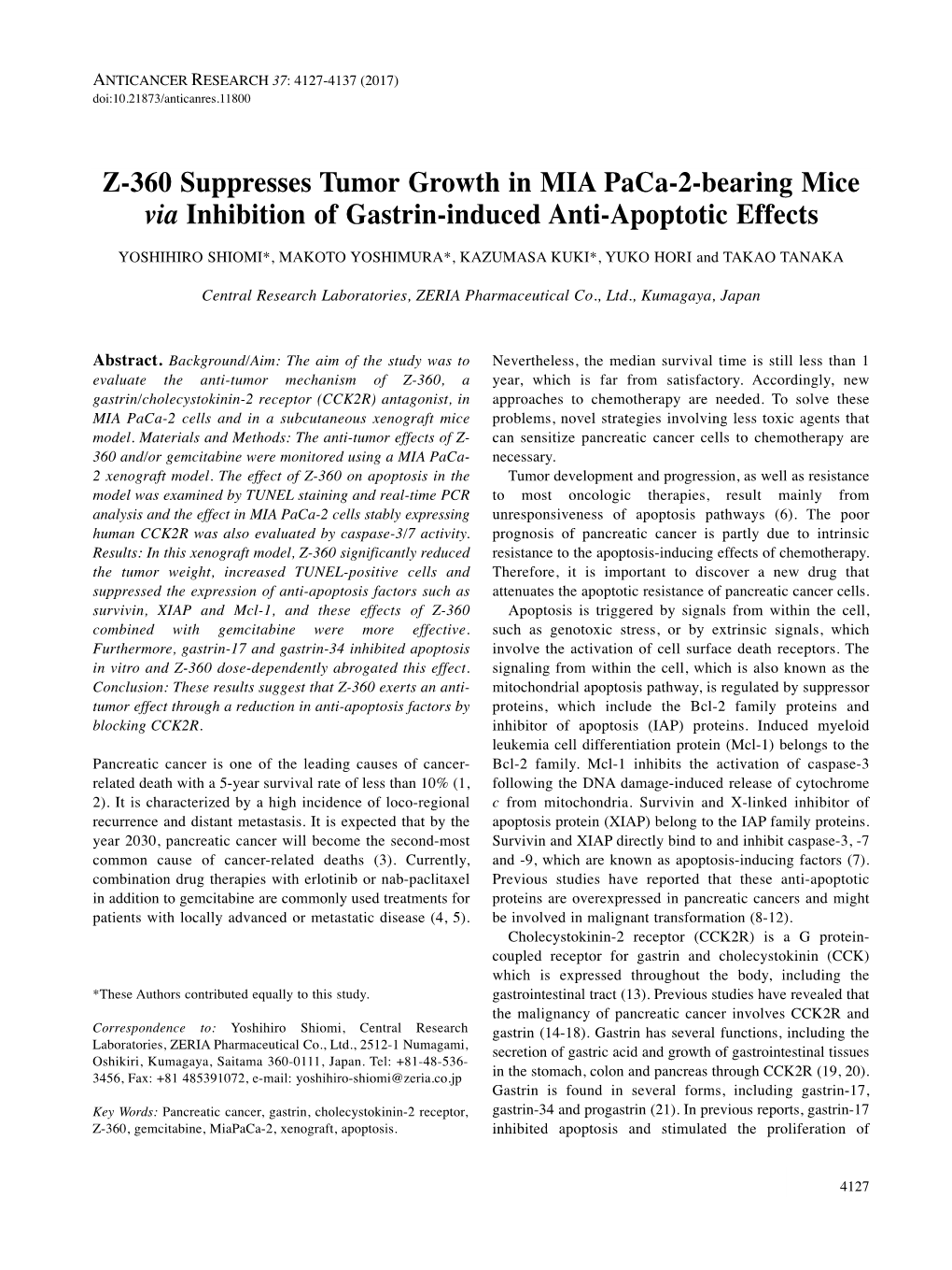 Z-360 Suppresses Tumor Growth in MIA Paca-2-Bearing Mice Via Inhibition of Gastrin-Induced Anti-Apoptotic Effects