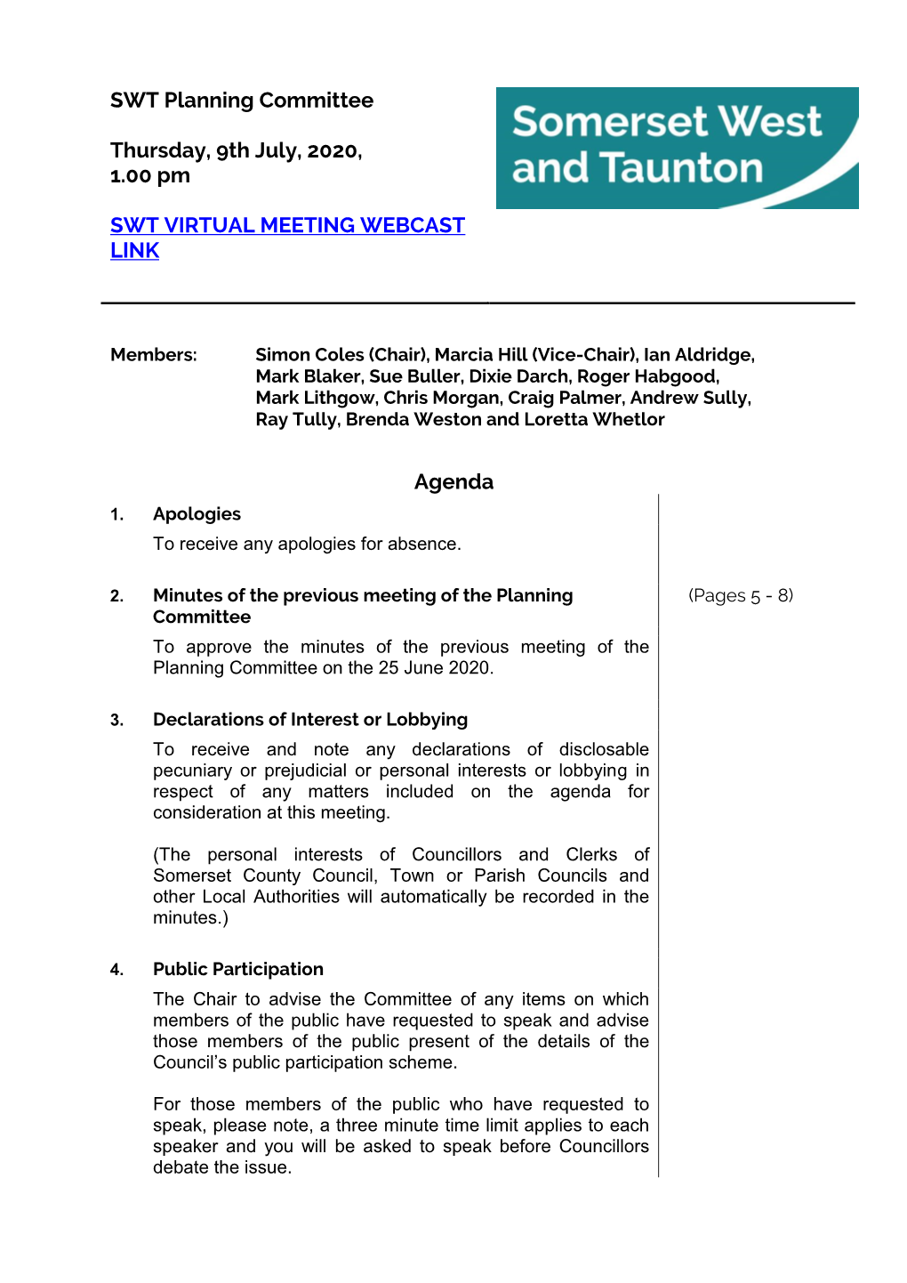 Agenda Document for SWT Planning Committee, 09/07/2020 13:00