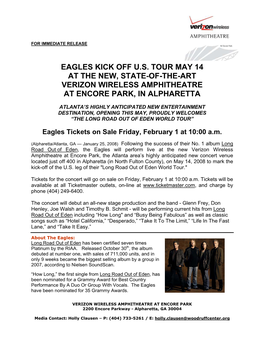 Eagles Kick Off U.S. Tour May 14 at the New, State-Of-The-Art Verizon Wireless Amphitheatre at Encore Park, in Alpharetta