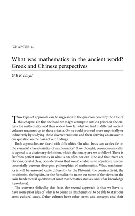 What Was Mathematics in the Ancient World? Greek and Chinese Perspectives G E R Lloyd