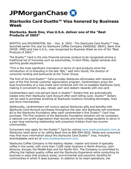 Starbucks Card Duetto™ Visa Honored by Business Week