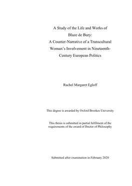 A Study of the Life and Works of Blaze De Bury: a Counter-Narrative of a Transcultural Woman’S Involvement in Nineteenth- Century European Politics