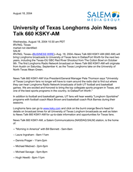 University of Texas Longhorns Join News Talk 660 KSKY-AM