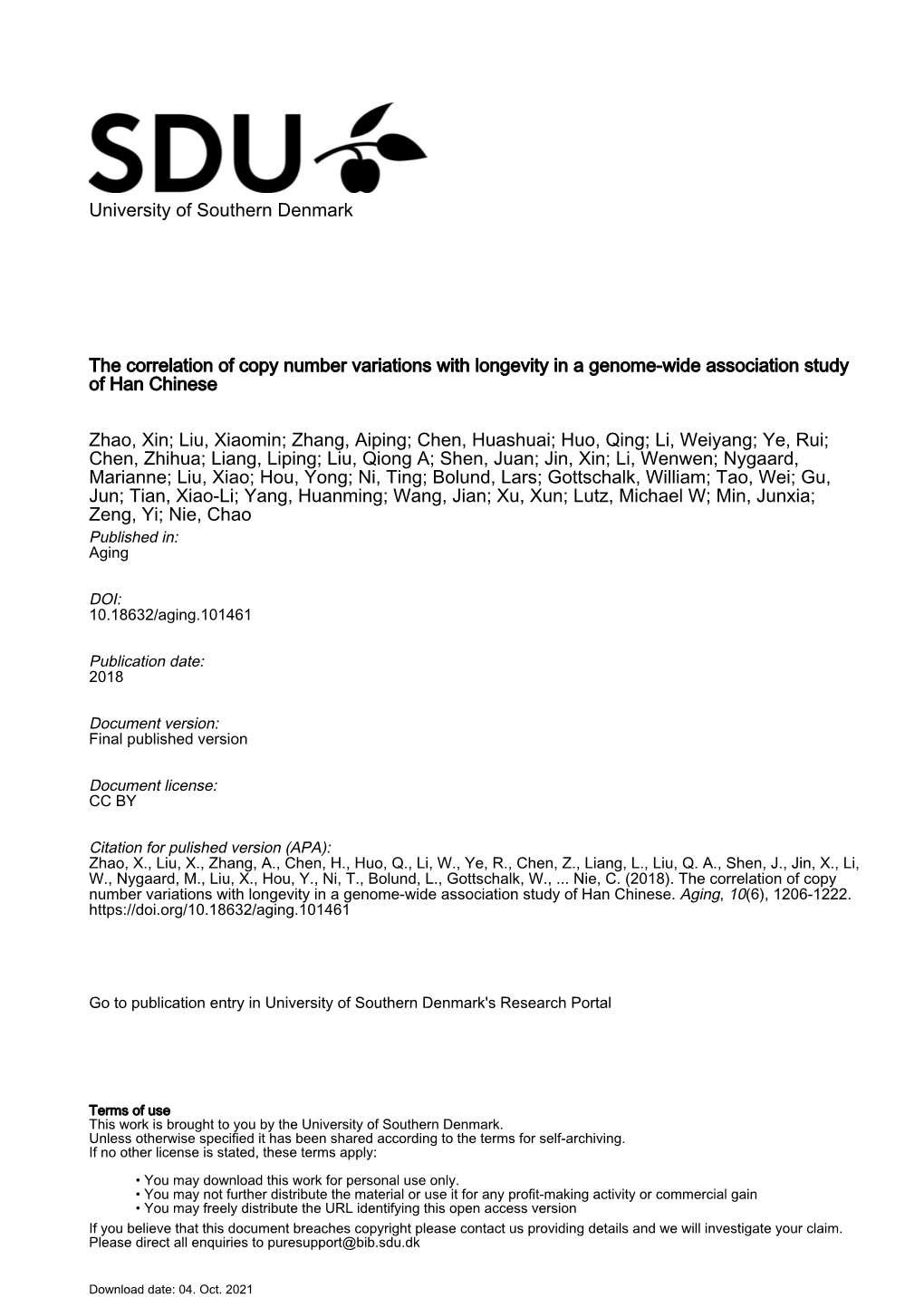 University of Southern Denmark the Correlation of Copy Number