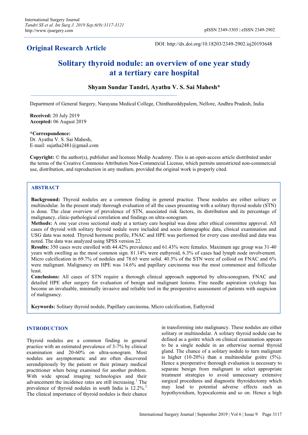 Solitary Thyroid Nodule: an Overview of One Year Study at a Tertiary Care Hospital