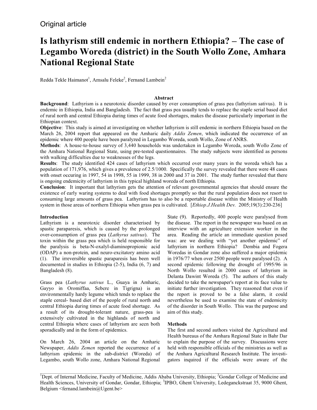 Is Lathyrism Still Endemic in Northern Ethiopia? – the Case of Legambo Woreda (District) in the South Wollo Zone, Amhara National Regional State