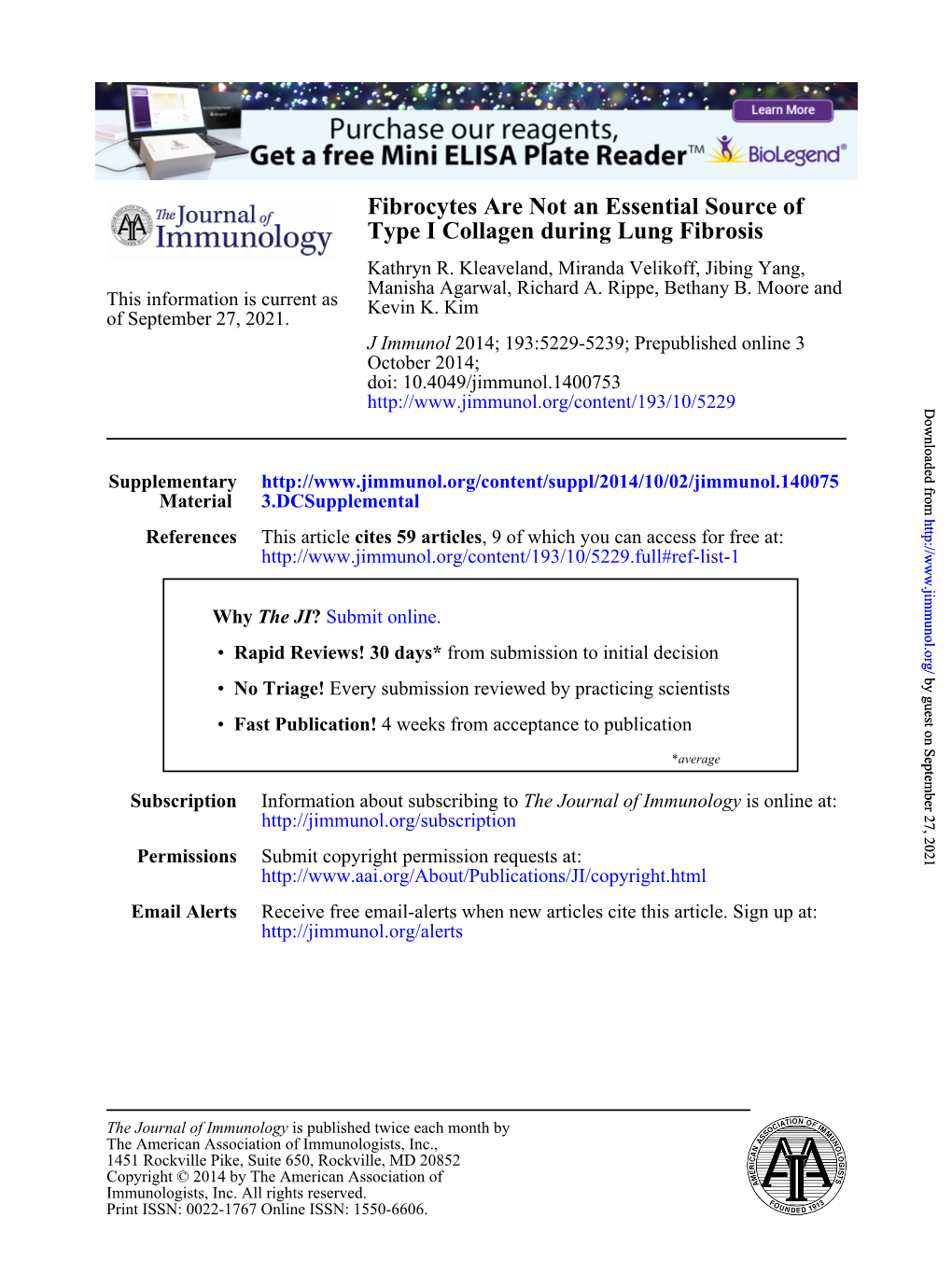 Type I Collagen During Lung Fibrosis Fibrocytes Are Not an Essential