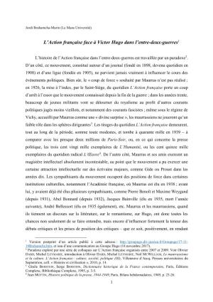 L'action Française Face À Victor Hugo Dans L'entre-Deux-Guerres1