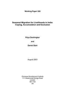 Seasonal Migration for Livelihoods in India: Coping, Accumulation and Exclusion