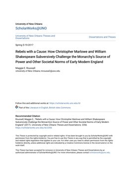 How Christopher Marlowe and William Shakespeare Subversively Challenge the Monarchy's Source of Power and Other Societal Norms of Early Modern England