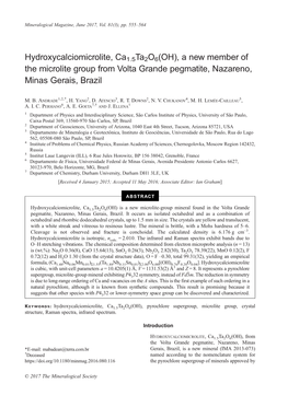 Hydroxycalciomicrolite, Ca1.5Ta2o6(OH), a New Member of the Microlite Group from Volta Grande Pegmatite, Nazareno, Minas Gerais