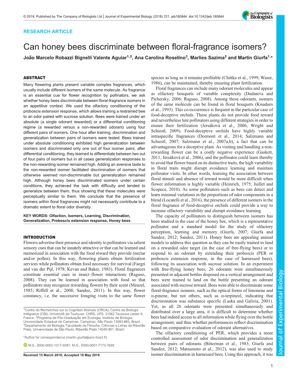 Can Honey Bees Discriminate Between Floral-Fragrance Isomers?