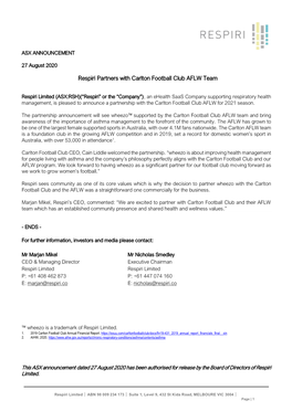 Respiri Partners with Carlton Football Club AFLW Team