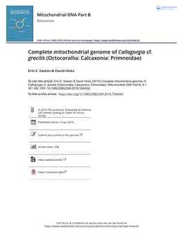 Complete Mitochondrial Genome of Callogorgia Cf. Gracilis (Octocorallia: Calcaxonia: Primnoidae)