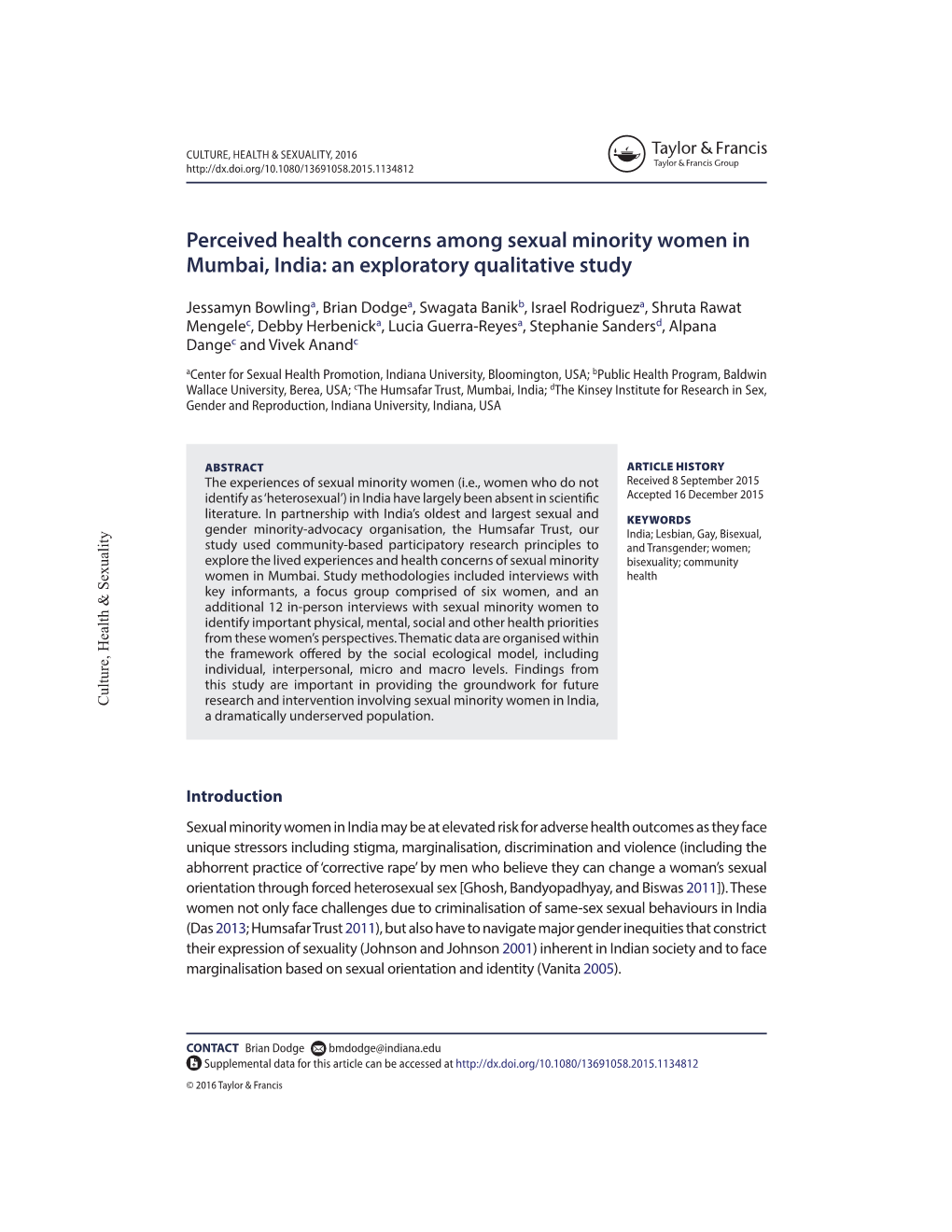 Perceived Health Concerns Among Sexual Minority Women in Mumbai, India: an Exploratory Qualitative Study