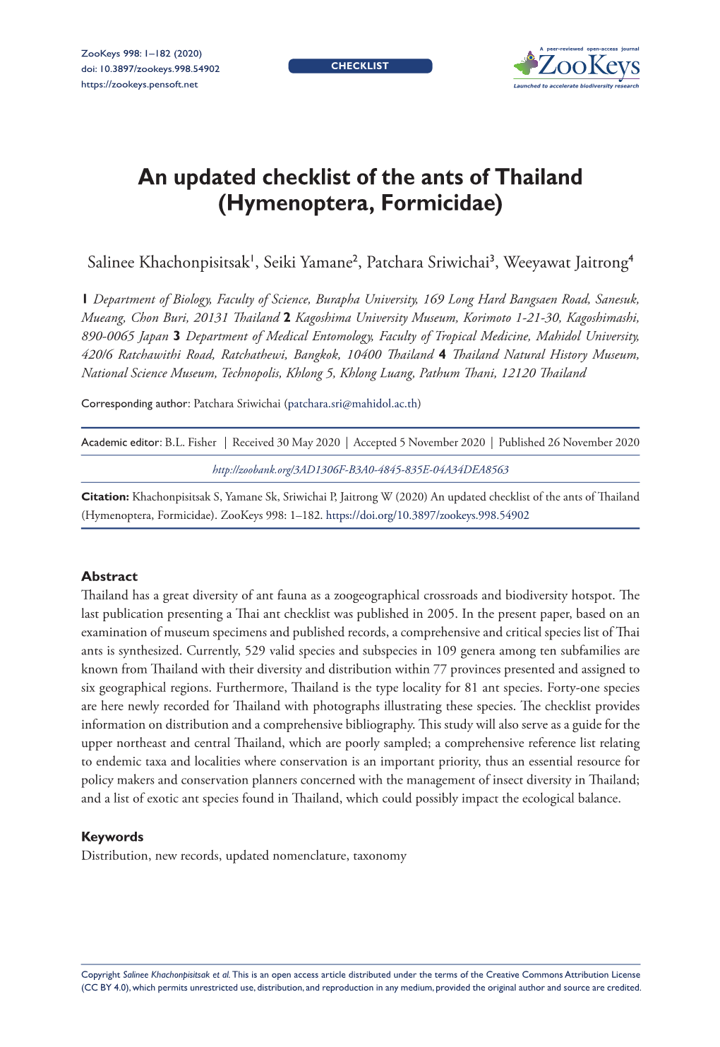 ﻿An Updated Checklist of the Ants of Thailand (Hymenoptera, Formicidae)