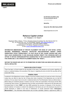 Reliance Capital Limited (The “Company” Or the “Issuer”)