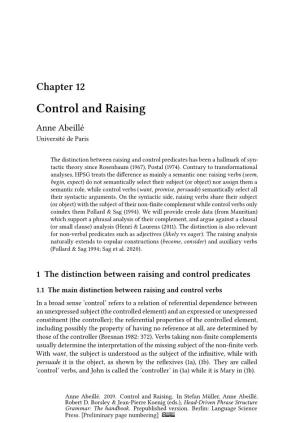 Chapter 12 Control and Raising Anne Abeillé Université De Paris