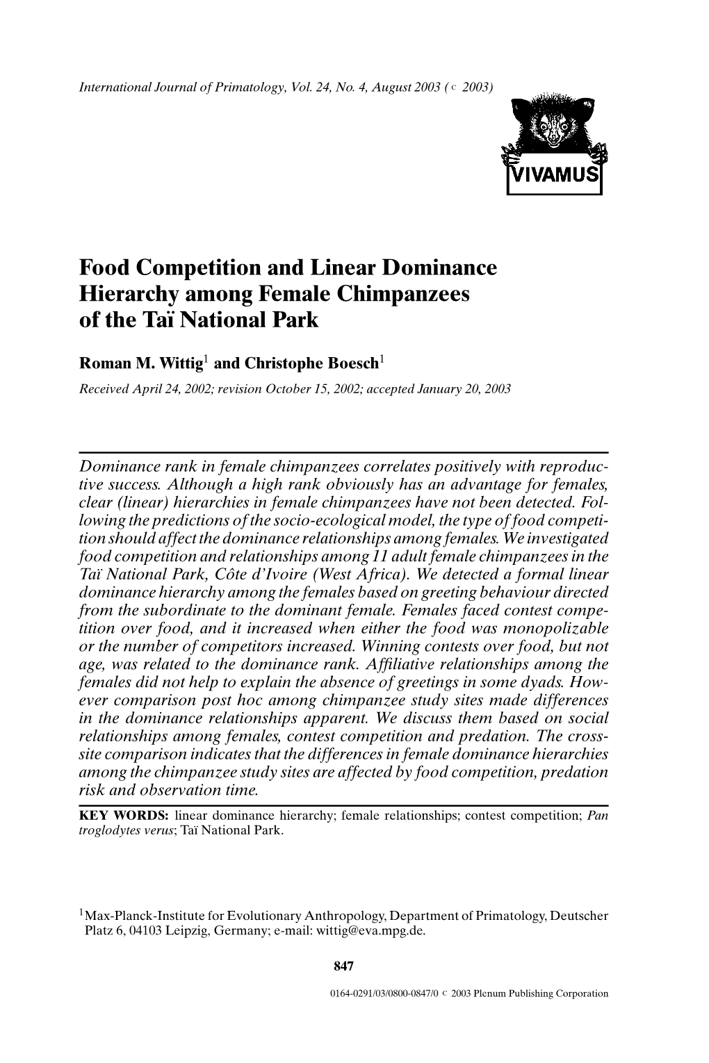 Food Competition and Linear Dominance Hierarchy Among Female Chimpanzees of the Taï