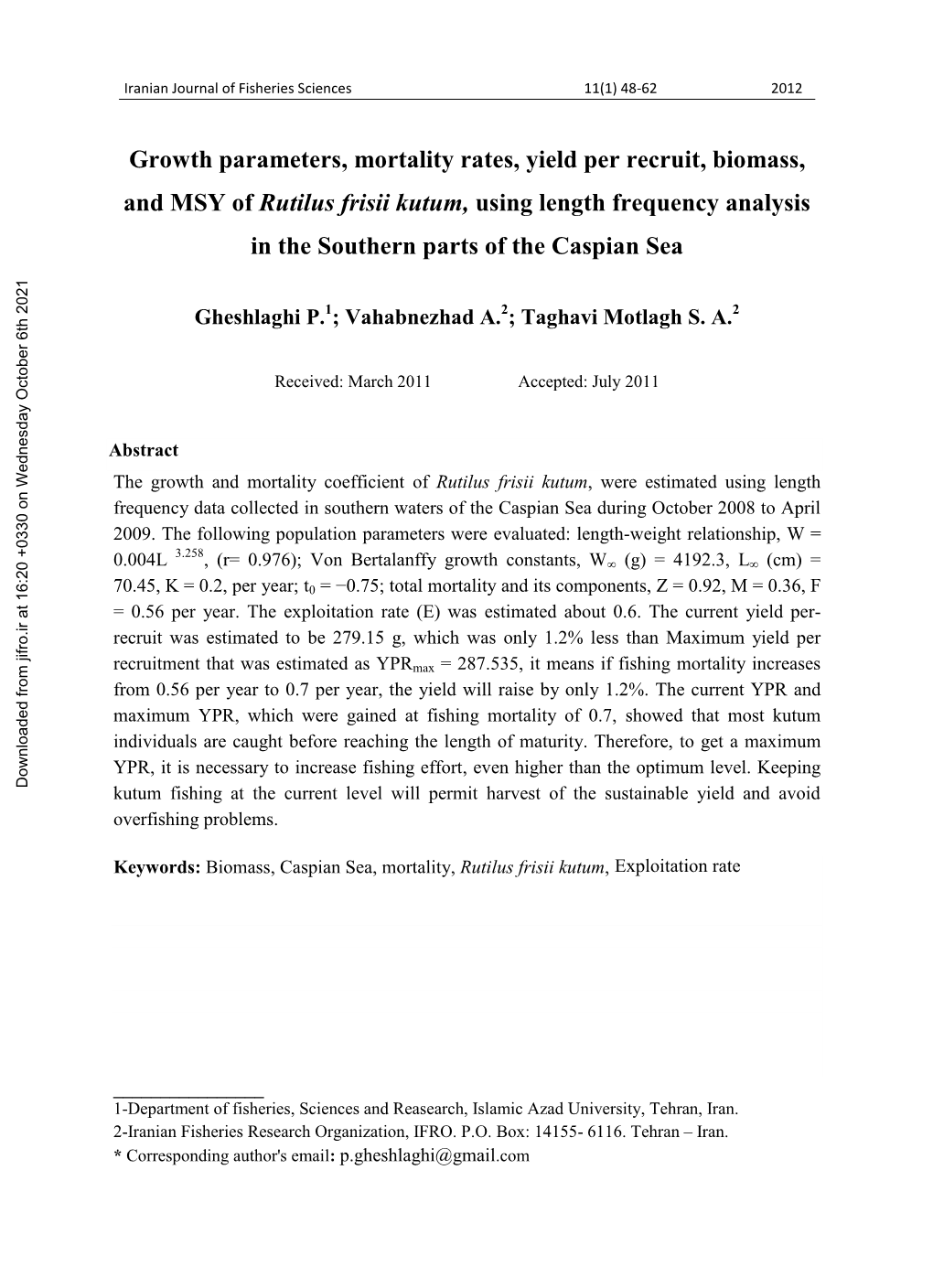 Growth Parameters, Mortality Rates, Yield Per Recruit, Biomass, and MSY