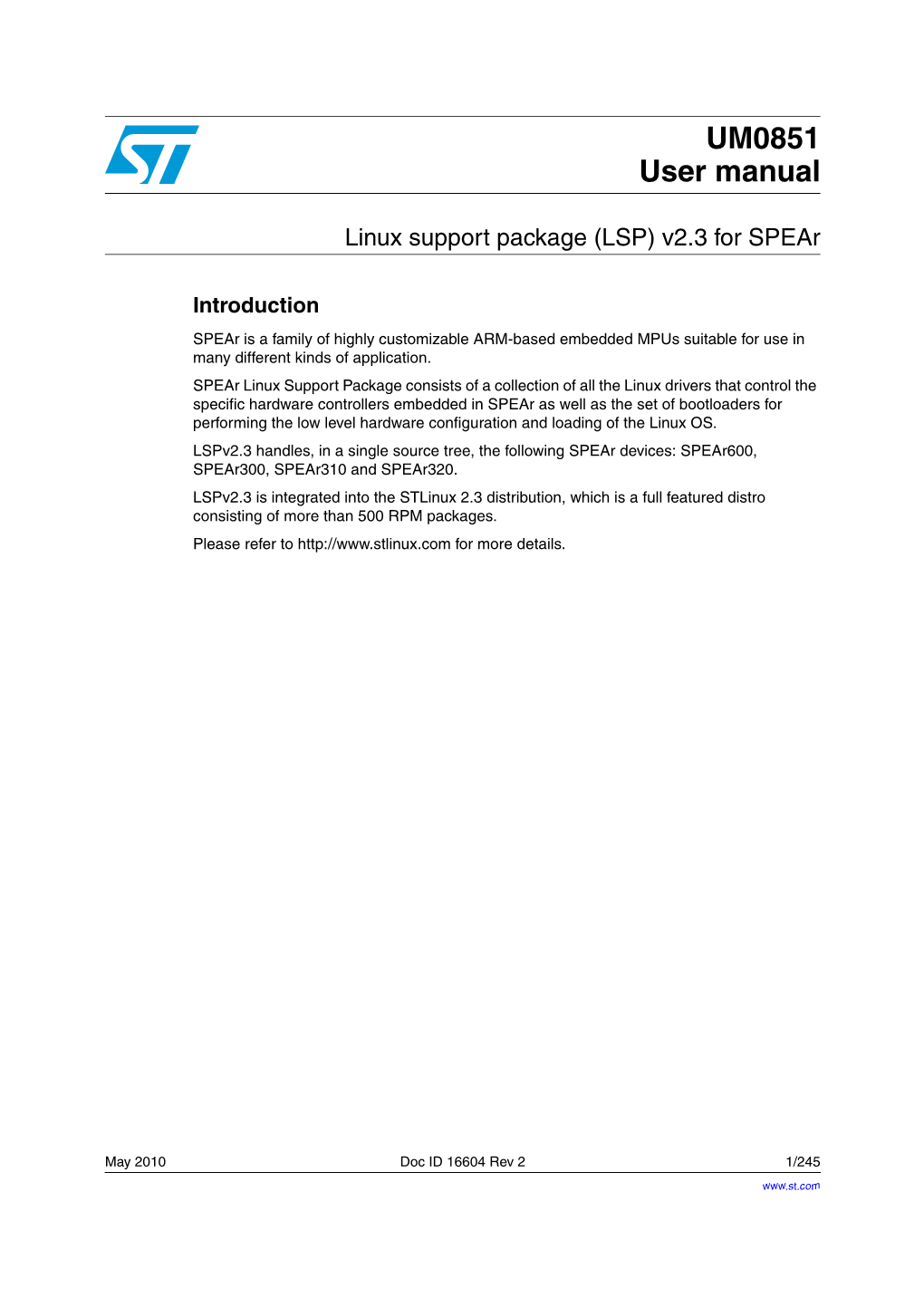 Linux Support Package (LSP) V2.3 for Spear