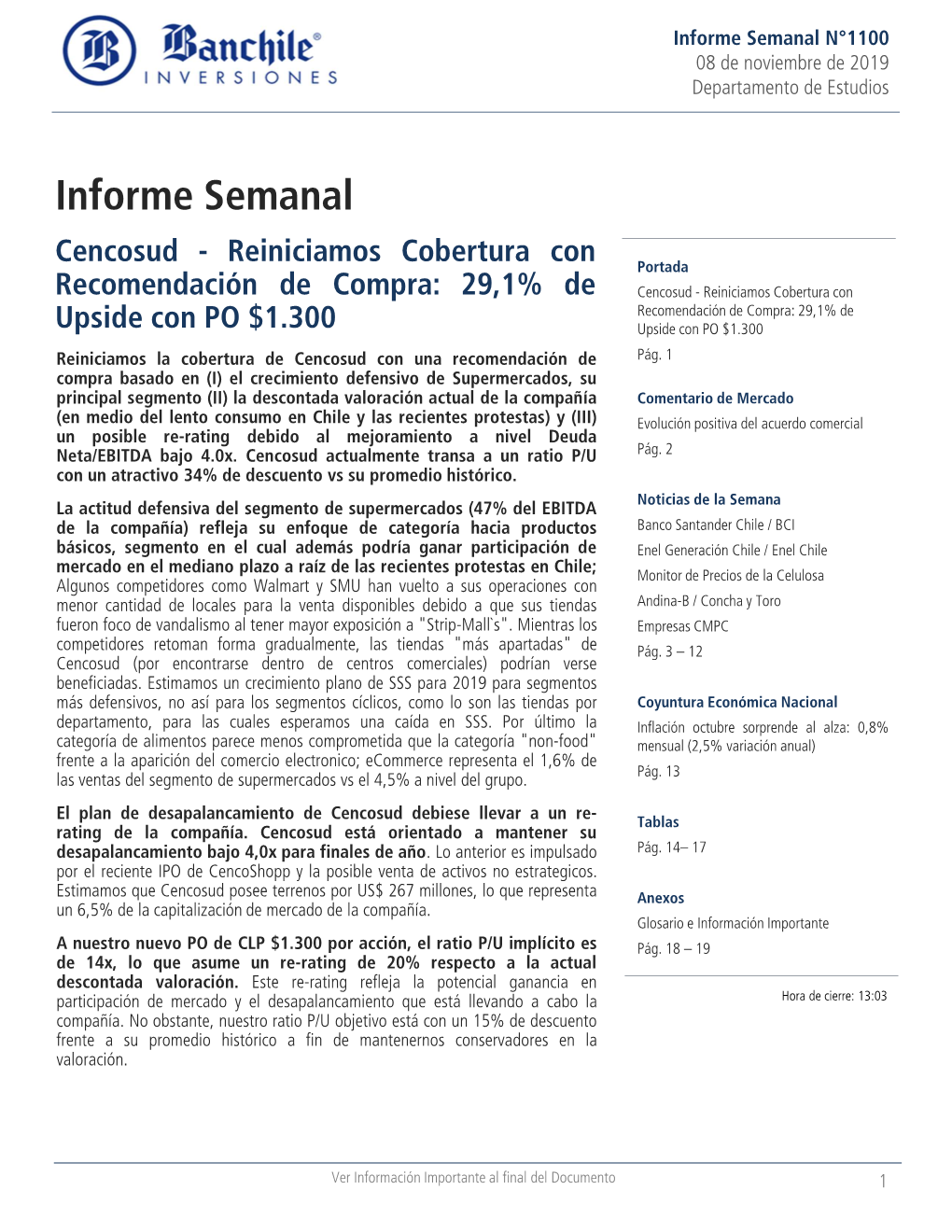 Informe Semanal N°1100 08 De Noviembre De 2019 Departamento De Estudios