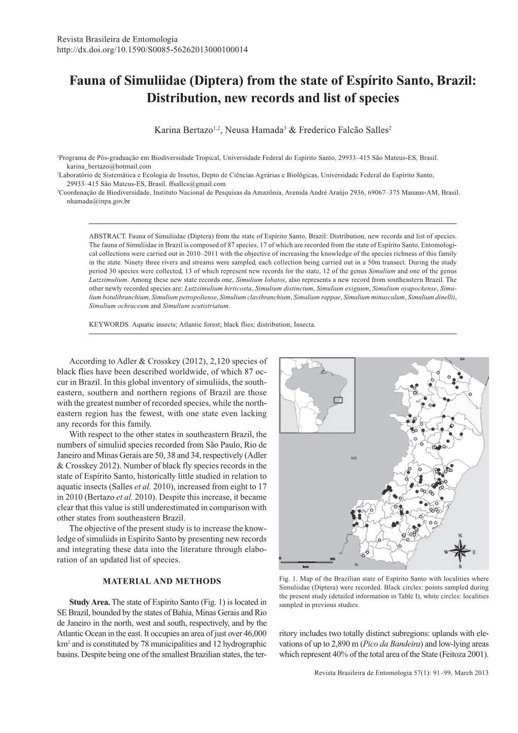 Fauna of Simuliidae (Diptera) from the State of Espírito Santo, Brazil: Distribution, New Records and List of Species