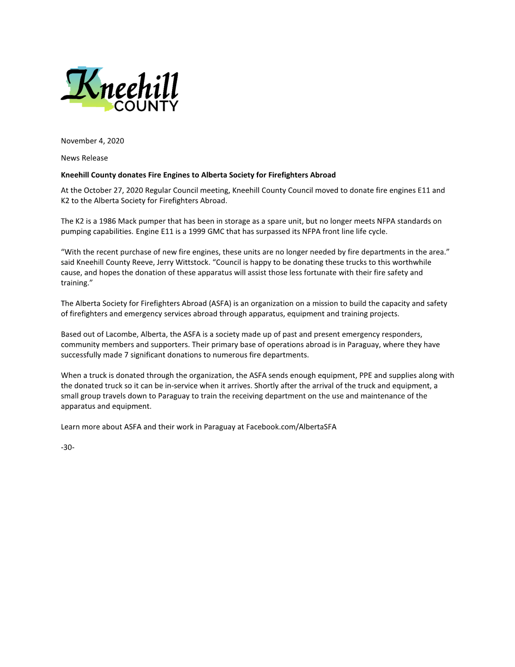 November 4, 2020 News Release Kneehill County Donates Fire Engines to Alberta Society for Firefighters Abroad at the October 27