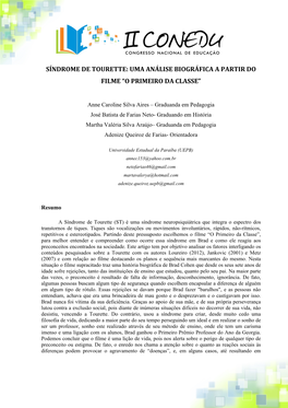 Síndrome De Tourette: Uma Análise Biográfica a Partir Do Filme “O Primeiro Da Classe”