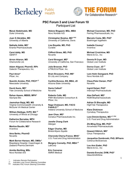 PSC Forum 3 and Liver Forum 10 Participant List