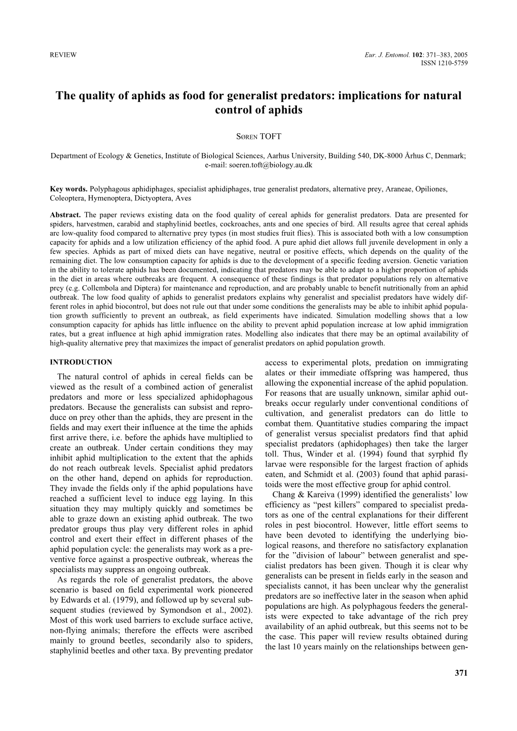 The Quality of Aphids As Food for Generalist Predators: Implications for Natural Control of Aphids