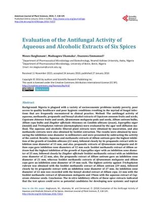 Evaluation of the Antifungal Activity of Aqueous and Alcoholic Extracts of Six Spices