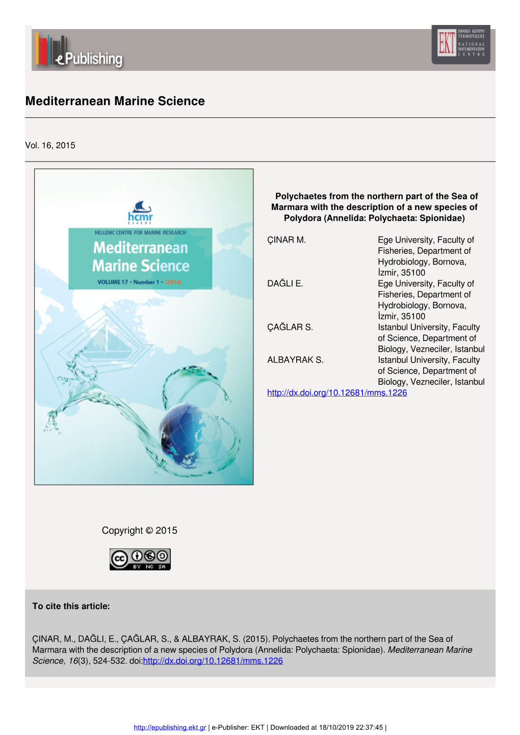 Polychaetes from the Northern Part of the Sea of Marmara with the Description of a New Species of Polydora (Annelida: Polychaeta: Spionidae)