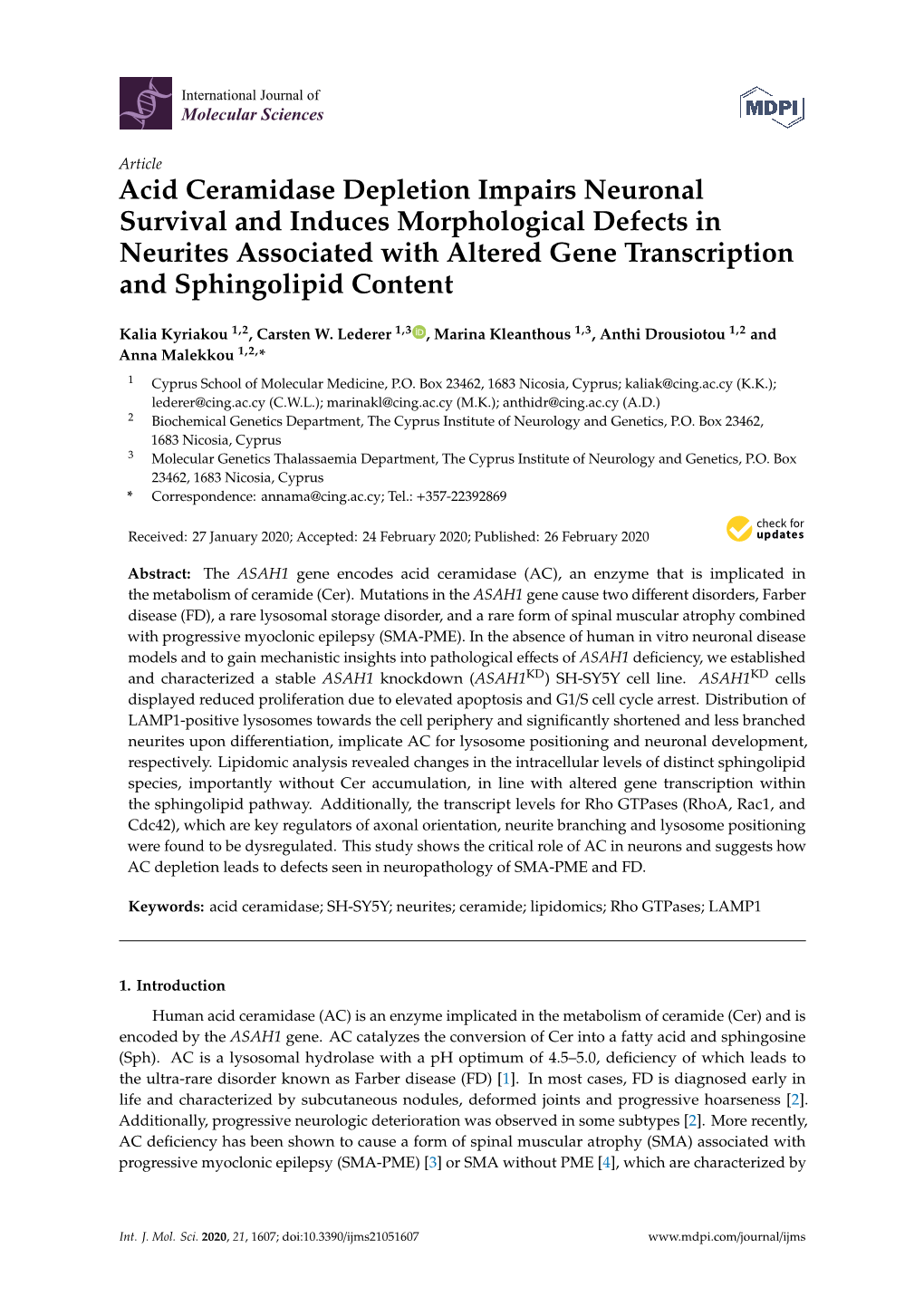 Acid Ceramidase Depletion Impairs Neuronal Survival and Induces Morphological Defects in Neurites Associated with Altered Gene Transcription and Sphingolipid Content