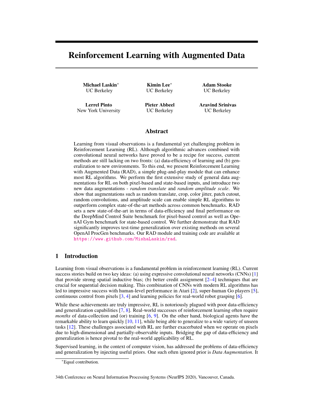 Reinforcement Learning with Augmented Data