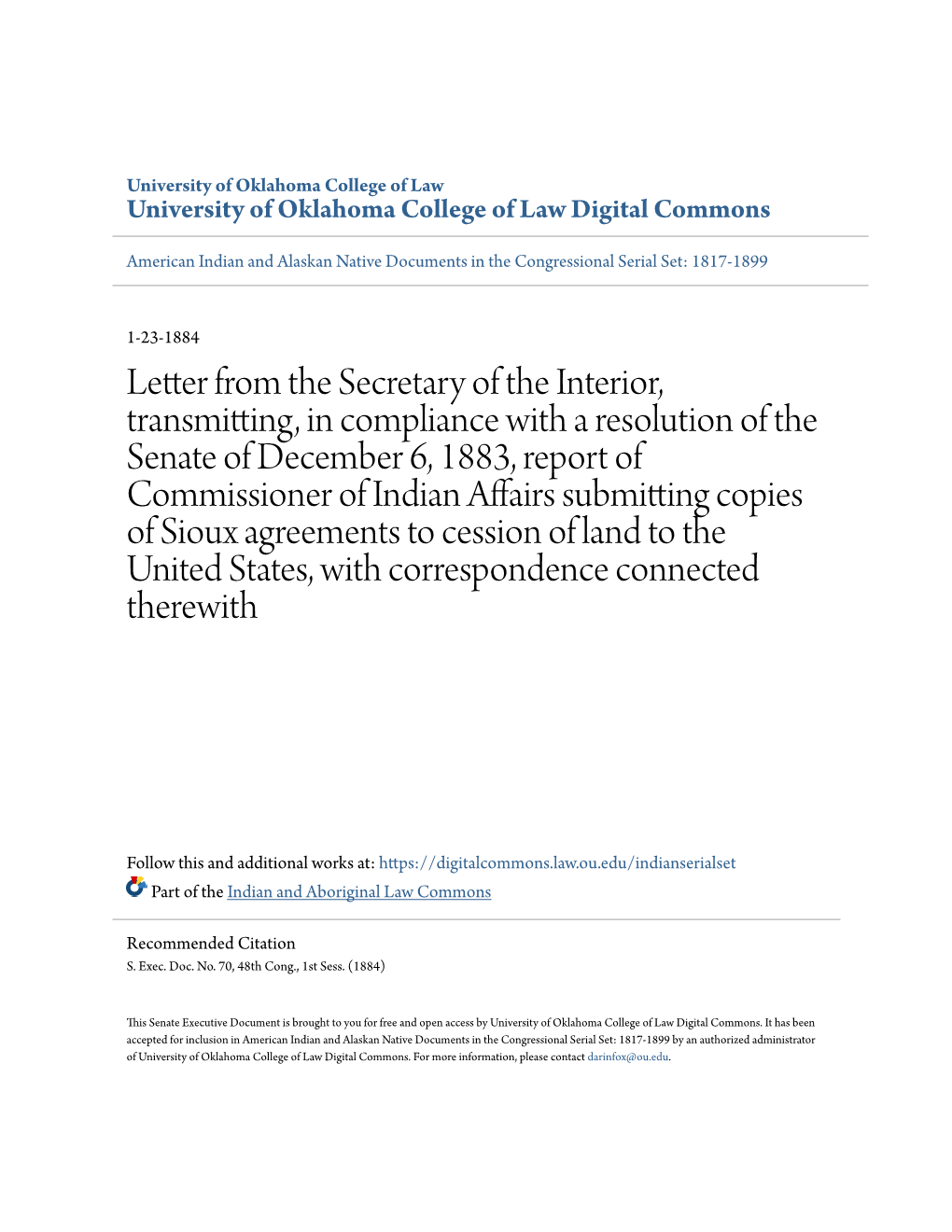 Letter from the Secretary of the Interior, Transmitting, in Compliance with A