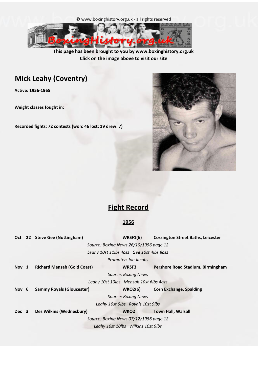 Fight Record Mick Leahy (Coventry)
