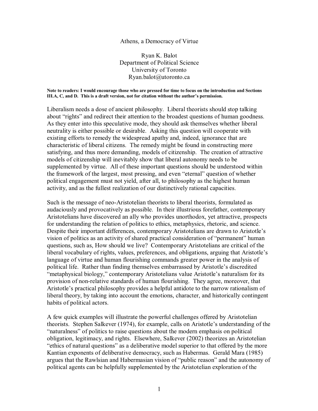 1 Athens, a Democracy of Virtue Ryan K. Balot Department of Political